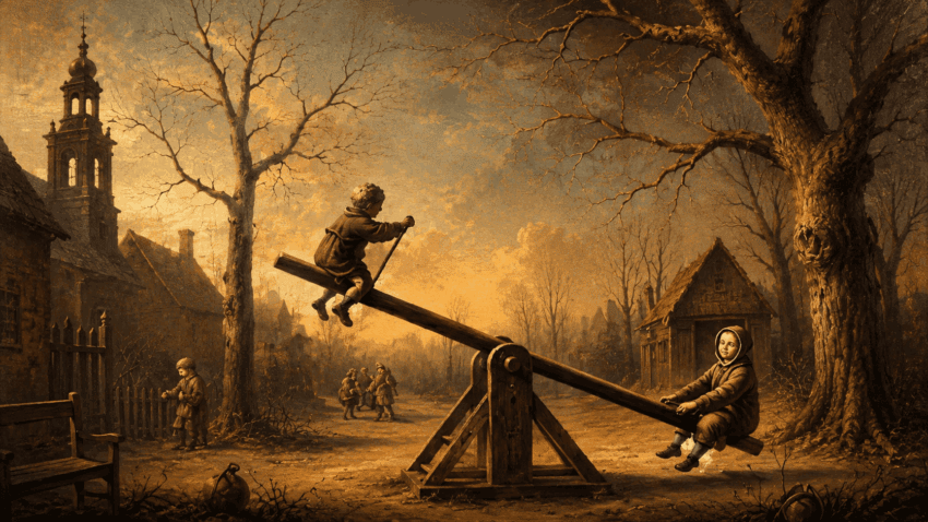 Two children balance on a wooden seesaw in a quiet early 20th-century village, surrounded by bare trees and warm golden evening light.