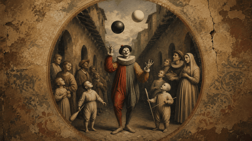A colorful jester juggles three balls in an old village street as children and adults watch with curiosity, framed like an aged fresco.
