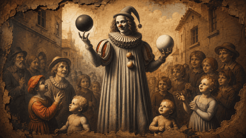 A historical jester holds contrasting black and white spheres as a crowd of children and villagers watches in wonder on an old European street.