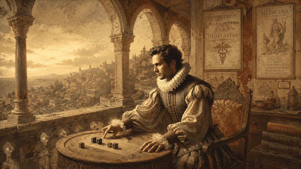 A Renaissance scholar studies dice on an ornate table in a medical study, framed by stone arches overlooking a sunlit historic city.