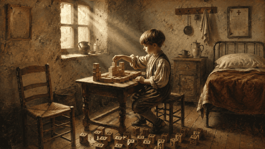 A young boy builds a structure with wooden blocks in a modest early 20th-century hospital room, surrounded by numbered cubes and illuminated by warm sunlight.