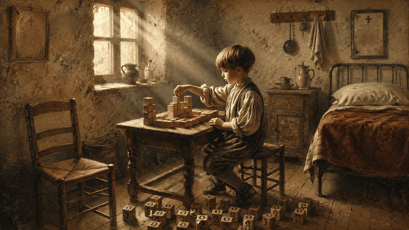 A young boy builds a structure with wooden blocks in a modest early 20th-century hospital room, surrounded by numbered cubes and illuminated by warm sunlight.