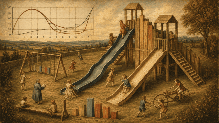 Children play on wooden slides, swings, and a bicycle in an early 20th-century countryside playground, accompanied by line and bar charts representing developmental data.