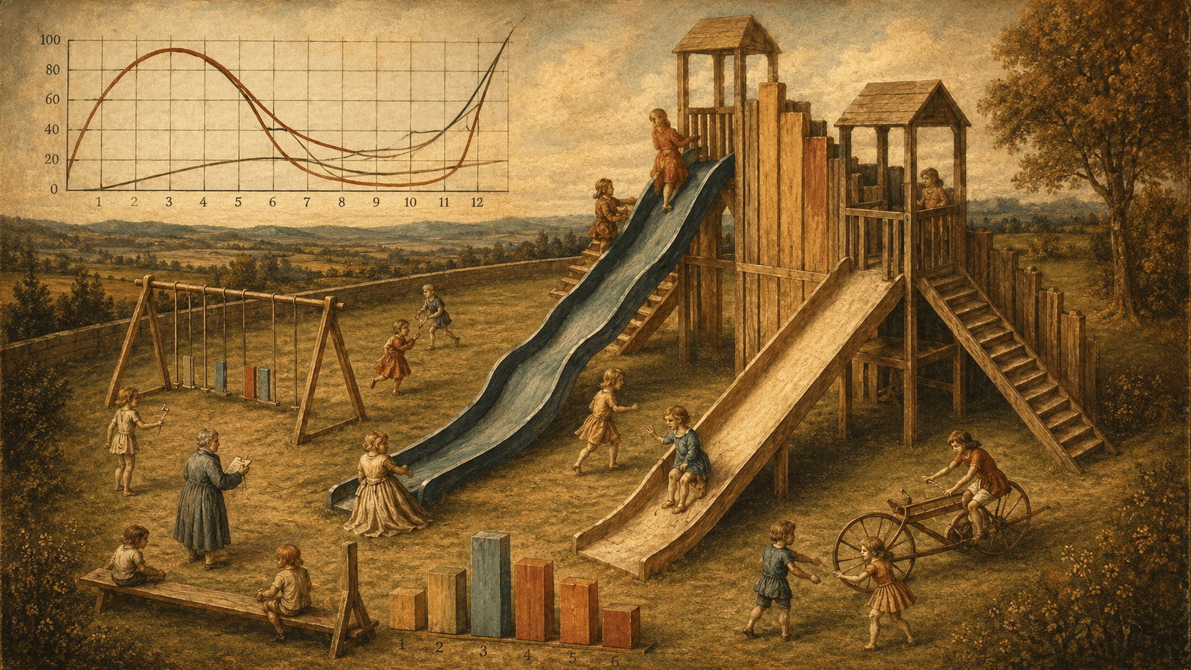 Children play on wooden slides, swings, and a bicycle in an early 20th-century countryside playground, accompanied by line and bar charts representing developmental data.