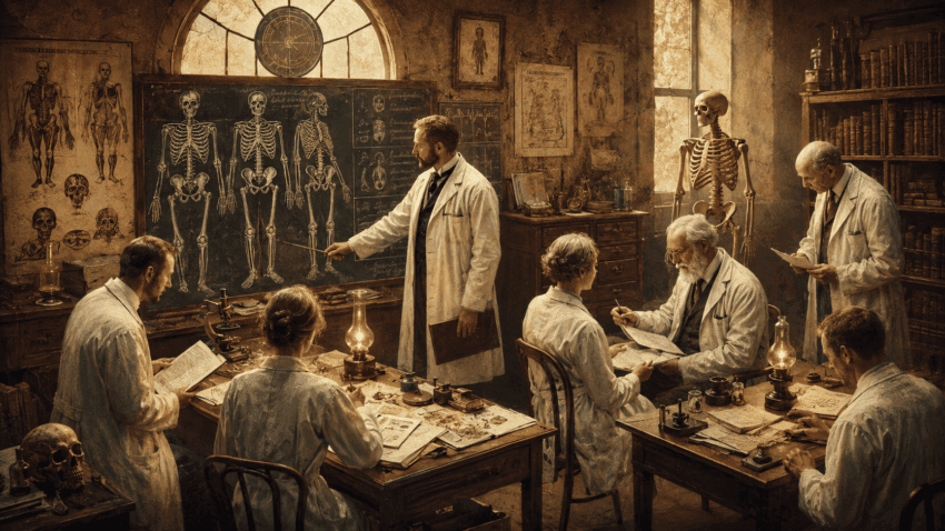Early 20th-century doctors study anatomical charts and documents in a warmly lit laboratory, surrounded by skeletons, books, and scientific instruments.