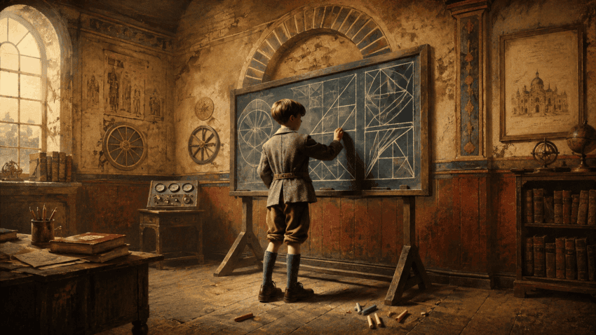 A young boy in early 20th-century clothing draws geometric diagrams on a chalkboard in a warmly lit, antique classroom.