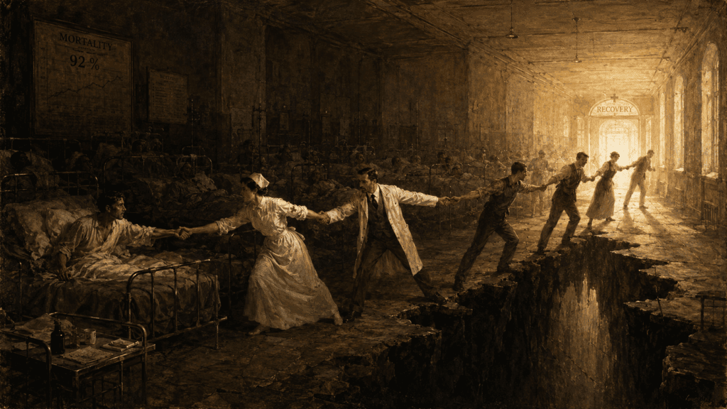 A long hospital ward in a vintage painterly style is engulfed in creeping darkness, with many occupied beds on the left; at the center, a patient, a nurse, a doctor, and other figures form a taut human chain across a deep chasm, linking the dying ward to a bright exit marked “Recovery.”