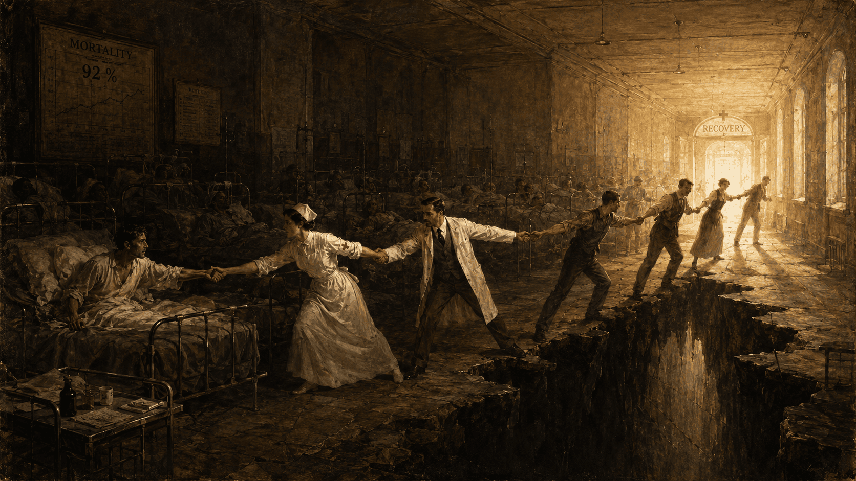 A long hospital ward in a vintage painterly style is engulfed in creeping darkness, with many occupied beds on the left; at the center, a patient, a nurse, a doctor, and other figures form a taut human chain across a deep chasm, linking the dying ward to a bright exit marked “Recovery.”