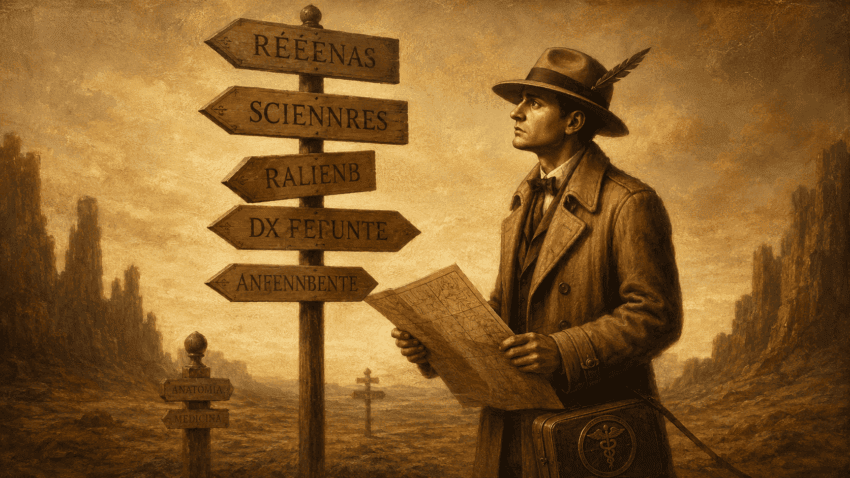 A contemplative early 20th-century traveler holds a map beside a weathered signpost in a sepia-toned desert landscape, symbolizing uncertainty and choice.