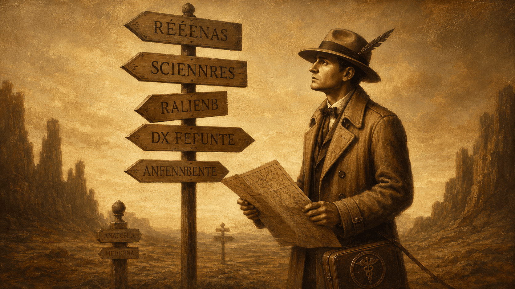 A contemplative early 20th-century traveler holds a map beside a weathered signpost in a sepia-toned desert landscape, symbolizing uncertainty and choice.