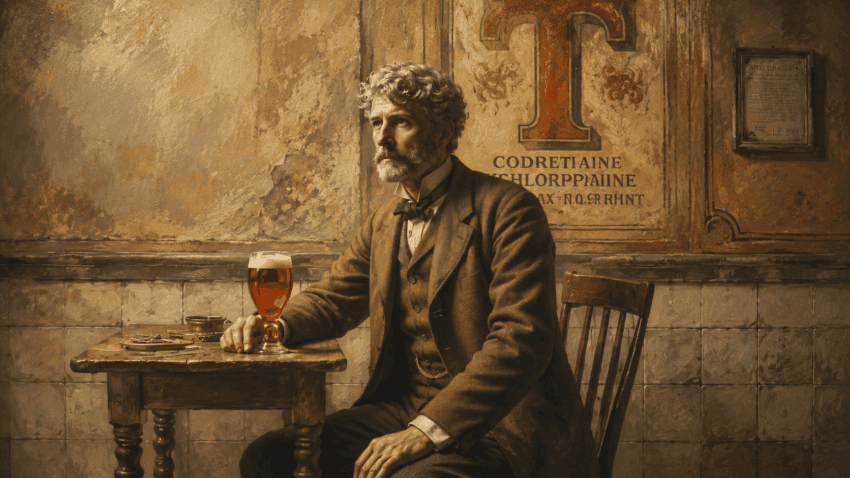 A contemplative bearded man in early 20th-century attire sits alone at a wooden table with a glass of amber beer in a worn, warmly lit tavern.