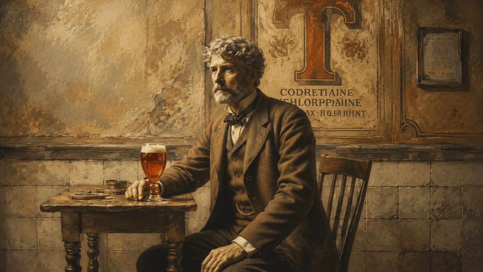 A contemplative bearded man in early 20th-century attire sits alone at a wooden table with a glass of amber beer in a worn, warmly lit tavern.