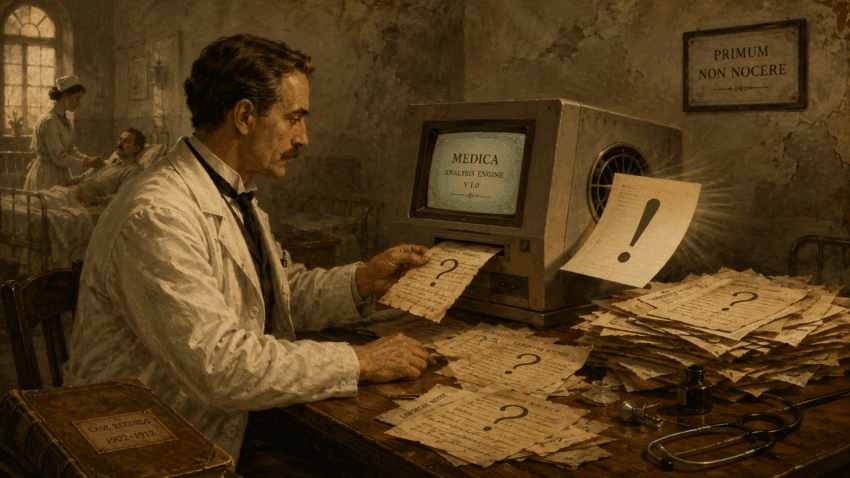 Doctor in a vintage hospital ward feeds a medical report marked with a question mark into an old computer, which returns the same sheet with a green exclamation mark.