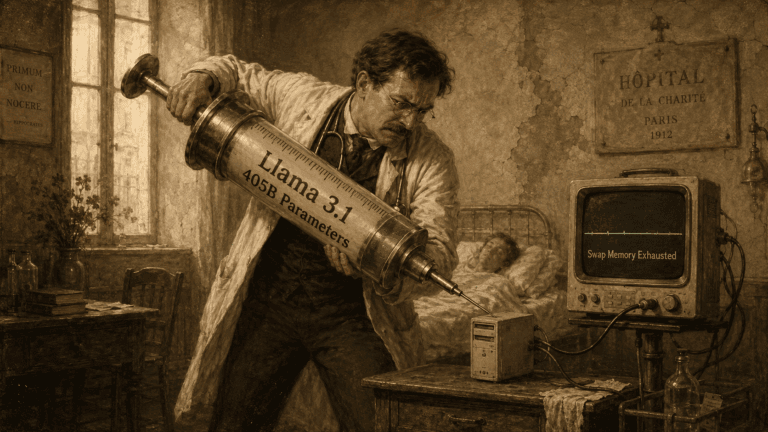 distressed early 20th-century doctor struggles to inject an enormous syringe labeled “Llama 3.1 405B Parameters” into a tiny desktop PC