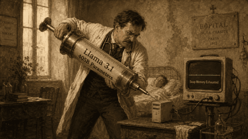distressed early 20th-century doctor struggles to inject an enormous syringe labeled “Llama 3.1 405B Parameters” into a tiny desktop PC