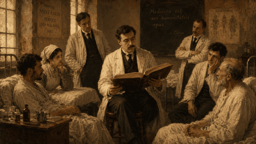 A doctor reads from a large medical book in an early 20th-century hospital ward, surrounded by attentive patients and fellow physicians.