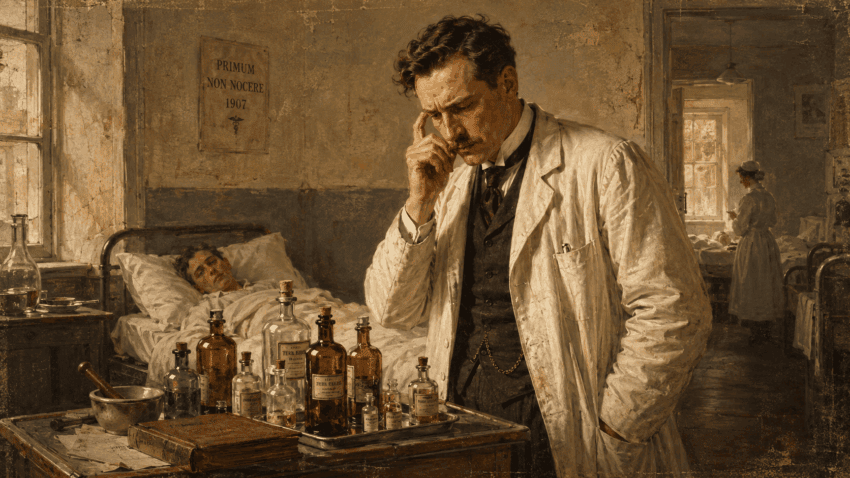 Early 20th-century doctor looks perplexed at a bedside table crowded with medicine vials and bottles in an old hospital ward.