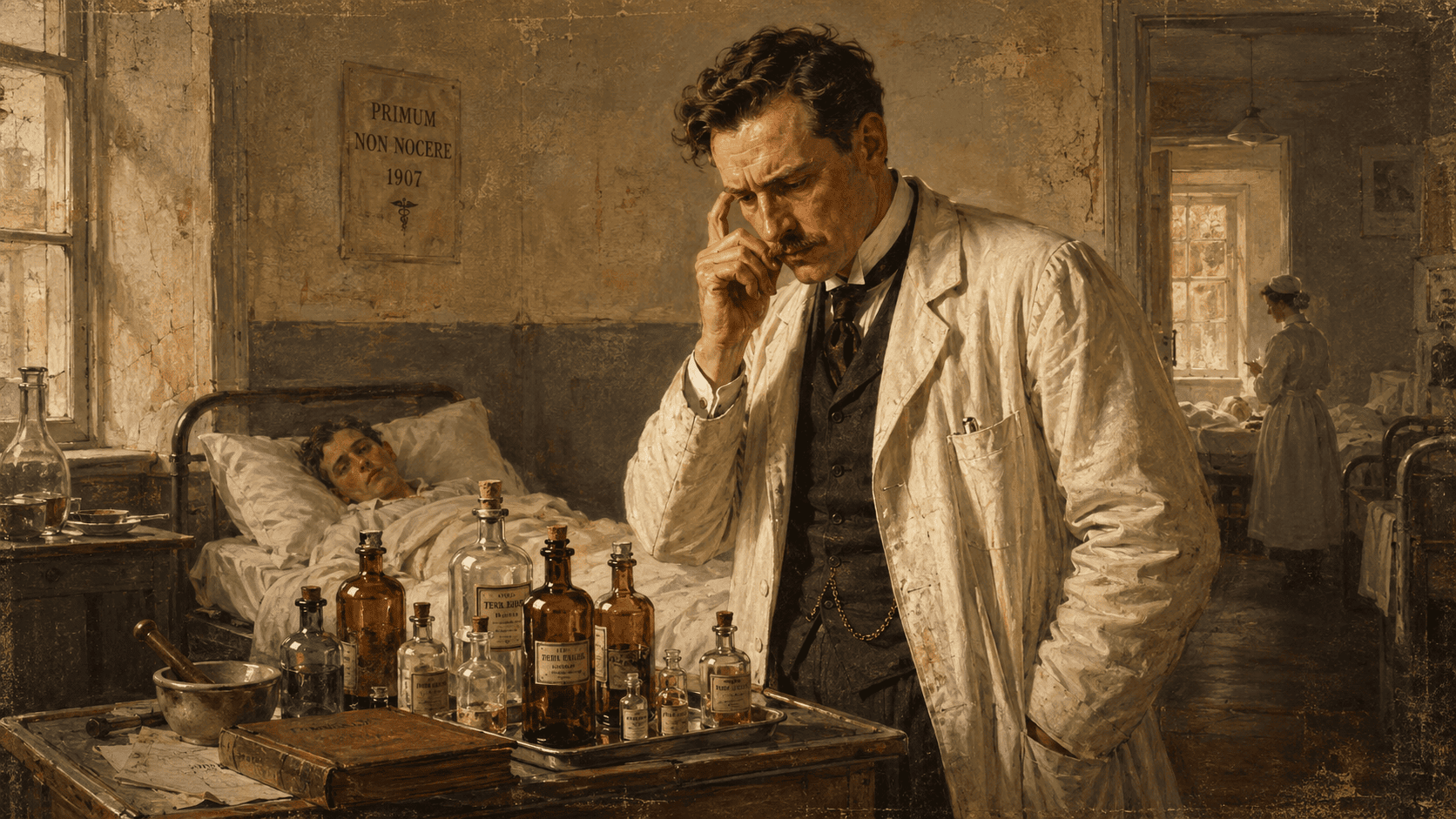 Early 20th-century doctor looks perplexed at a bedside table crowded with medicine vials and bottles in an old hospital ward.