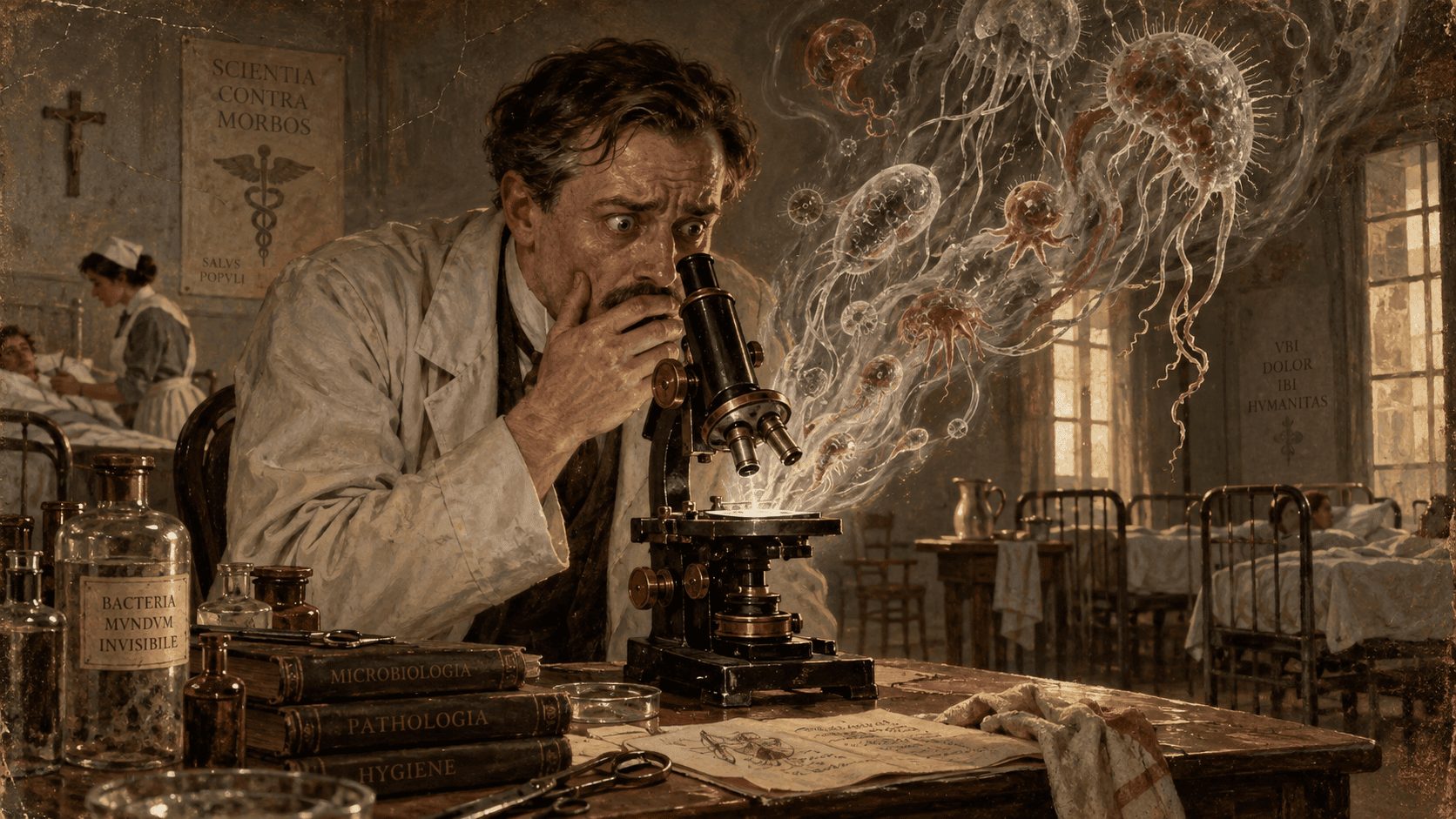 Early 20th-century doctor staring fearfully into a microscope as ghostly, alien-like microorganisms emerge from the slide in a dimly lit hospital ward.