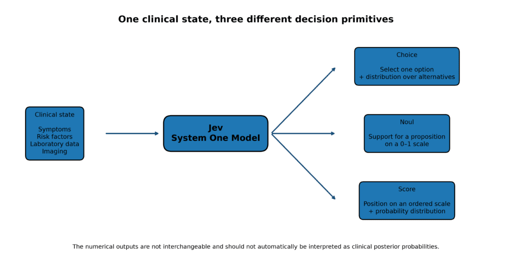 Diagram showing a clinical state processed by the Jev System One Model into three structured decision outputs: Choice, Noul and Score.