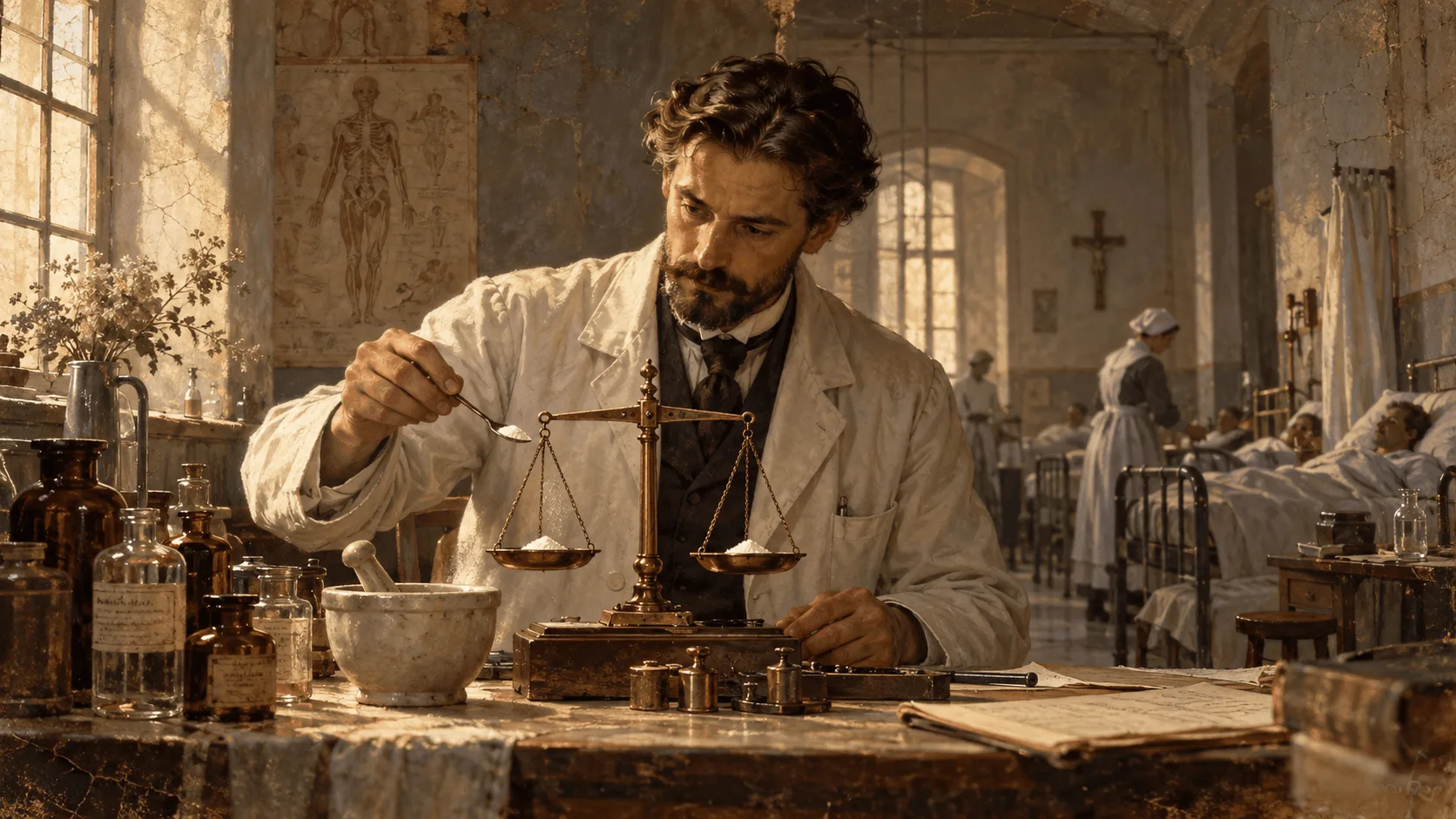Doctor weighing medicine on a brass balance scale in an early 20th-century hospital ward, surrounded by apothecary bottles and period medical equipment.