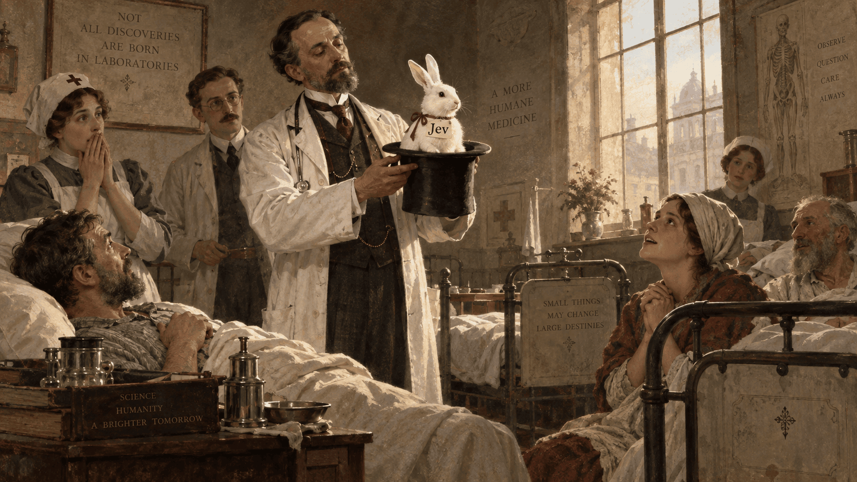 Early 20th-century hospital ward with a doctor dramatically presenting a white rabbit labeled “Jev” from a black top hat, while patients and medical staff watch in surprise and fascination.