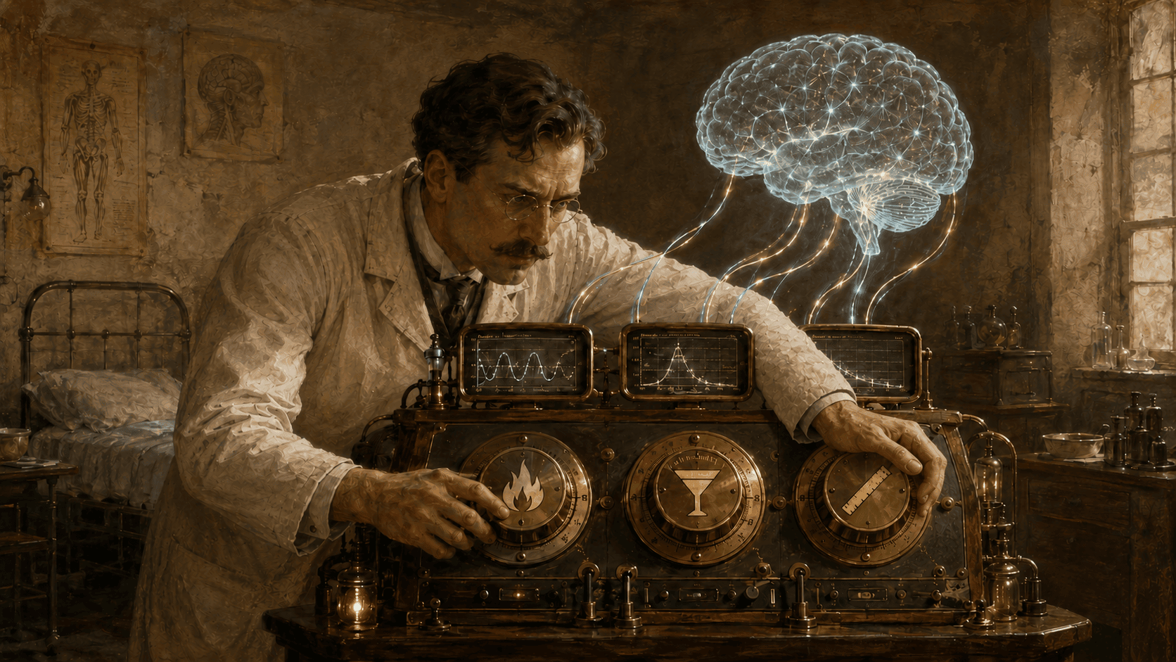 Early 20th-century doctor adjusting symbolic AI parameter dials on a brass console connected to a luminous holographic brain in a historical hospital ward.
