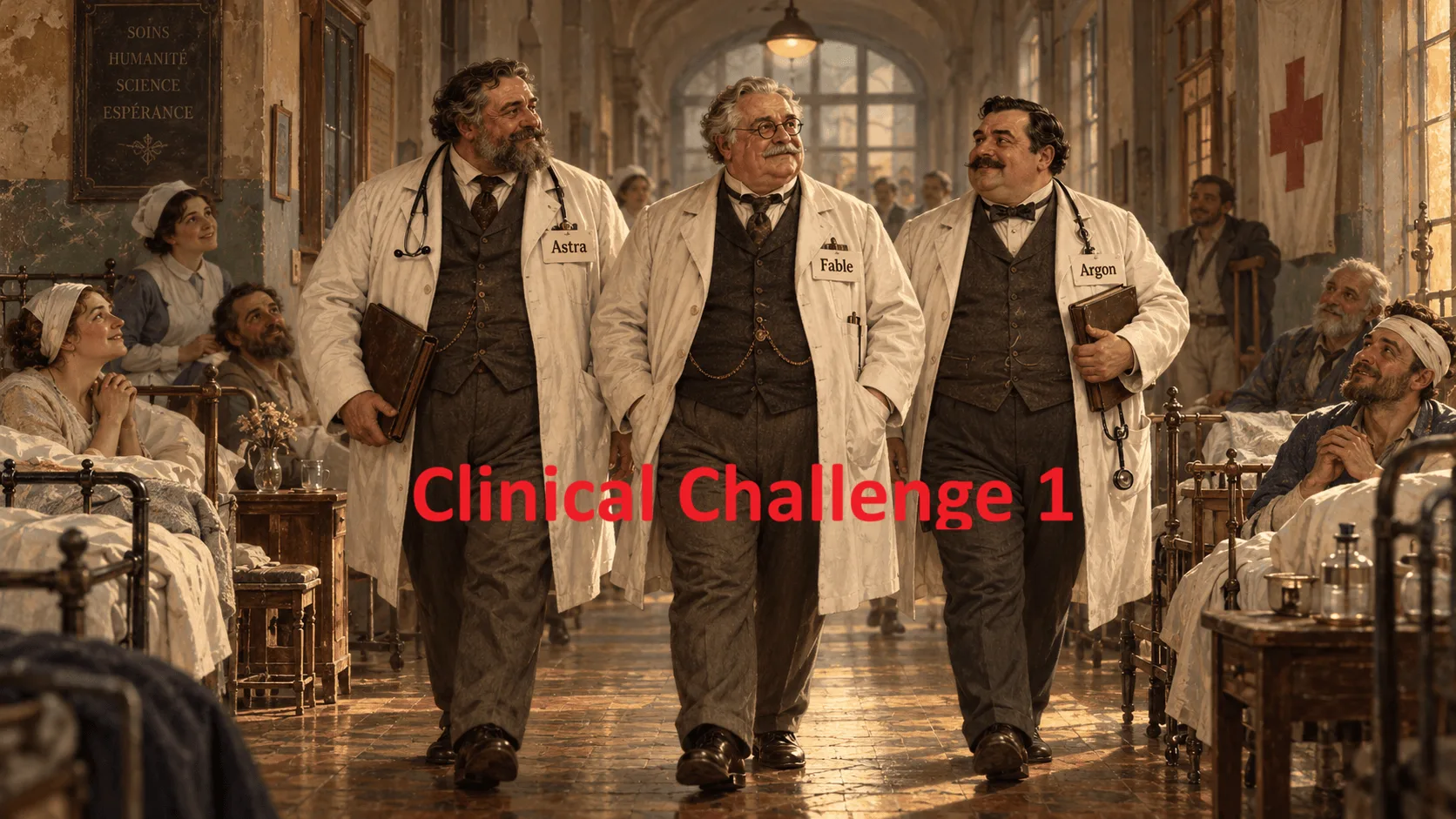 Three doctors labeled “Astra,” “Fable,” and “Argon” walk through a vintage hospital ward, watched by hopeful patients in a warm, painterly scene. Challenge 1